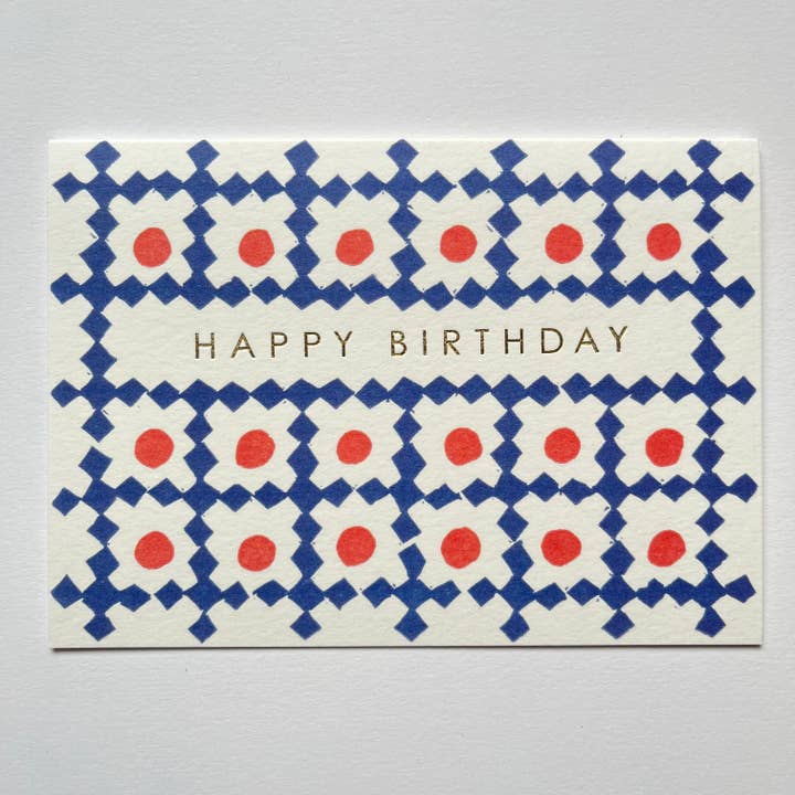 Happy Birthday Lattice Pattern Card in Blue and Orange for wholesale by Takako Copeland