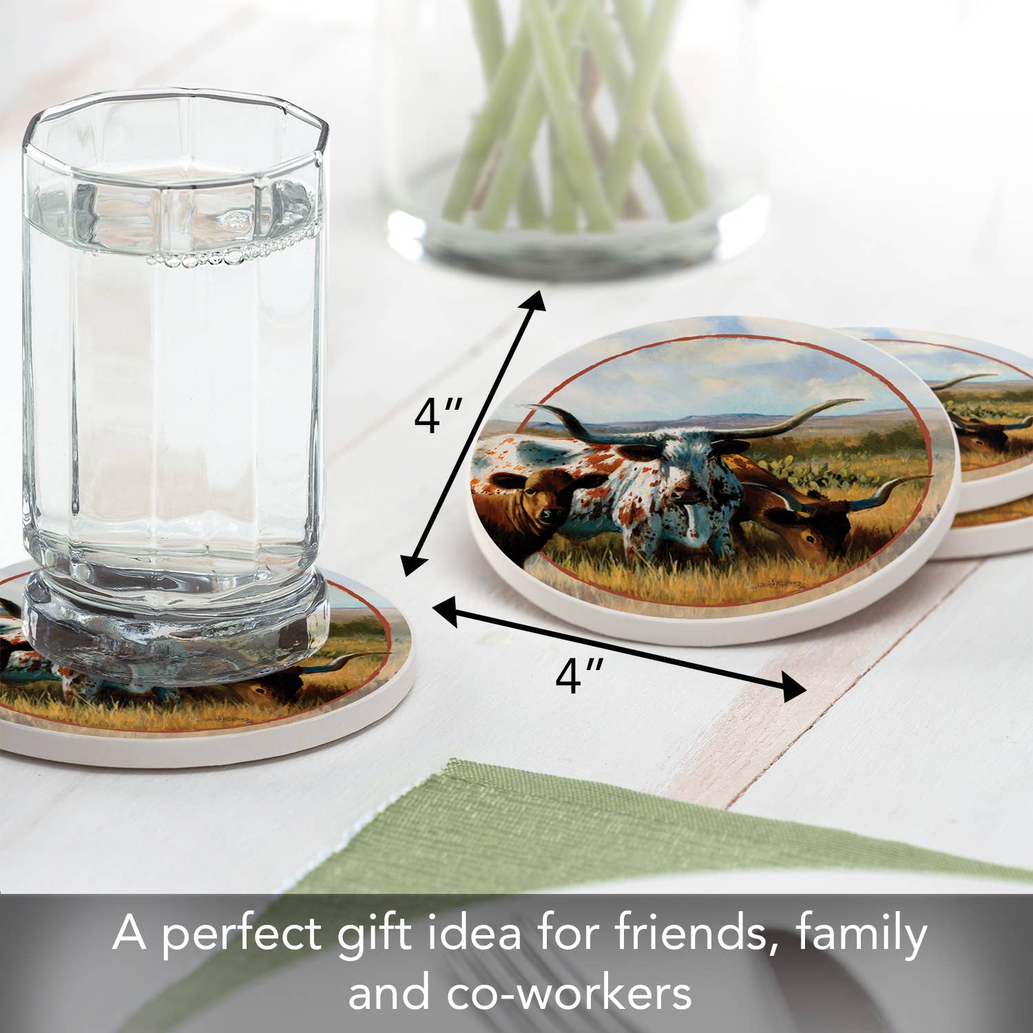 CounterArt/Highland Home/Thirstystone - Wholesale Coasters - Thirstystone "Longhorns" Round Absorbent Stone Coaster 4pk2