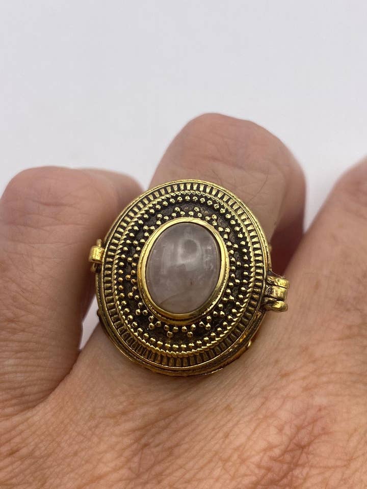 Vintage Rose Quartz Brass Poison Pillbox Adjustable Ring for wholesale by Nemesis Jewelry NYC