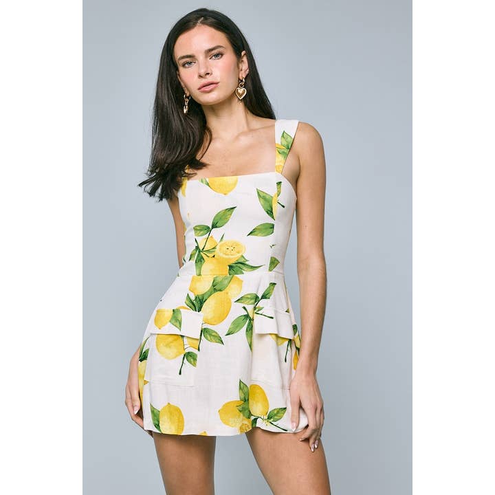 LINEN FRESH LEMON SQUARE NECK CASUAL MINI DRESS for wholesale by Sky to Moon