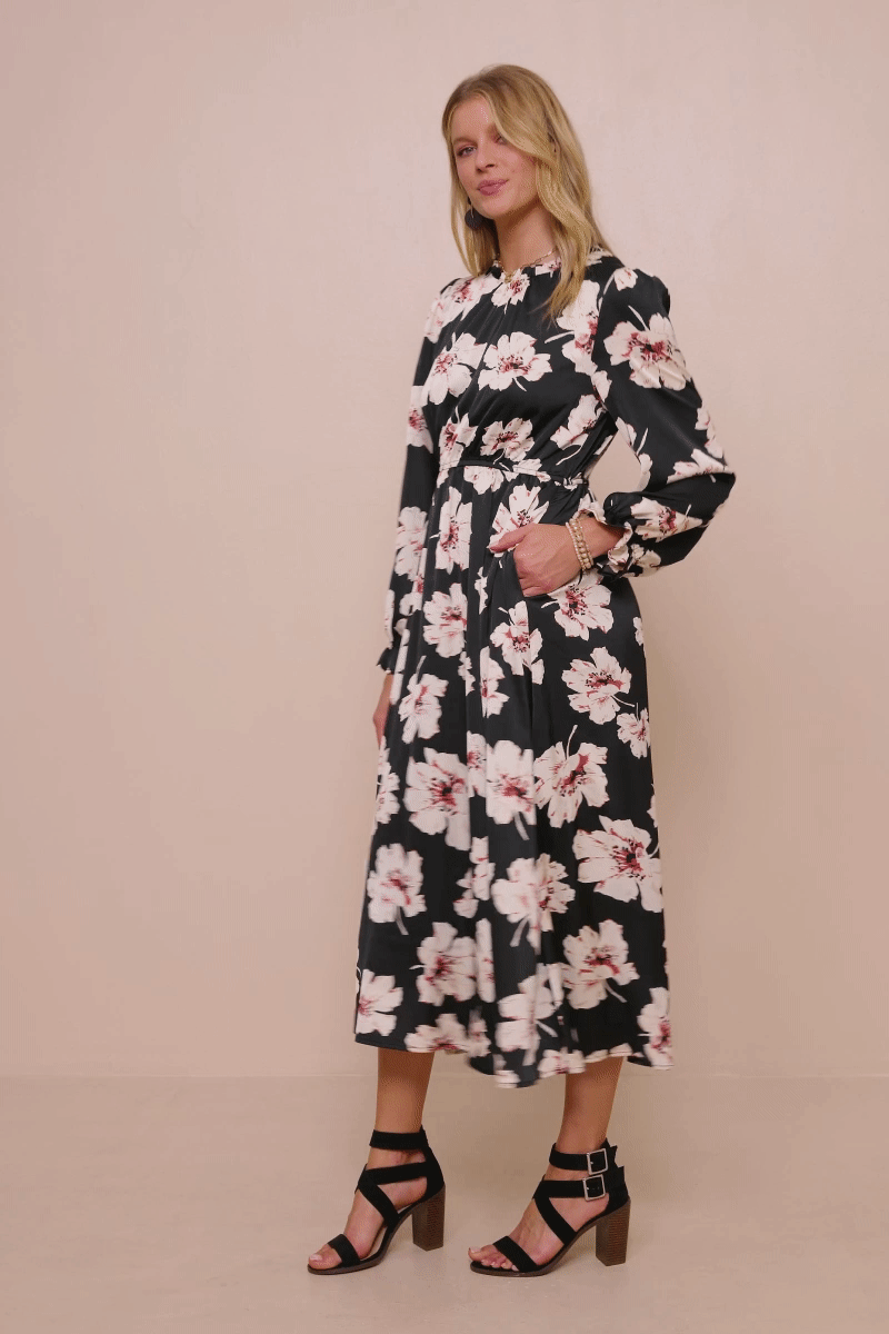 Black Womens Romantic Floral Ruffle Neck Cinched Cuff Dress for wholesale on Faire2