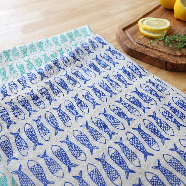 The High Fiber - Wholesale Tea Towel - Fish Kitchen Towel, Handprinted Tea Towel, Coastal Towel