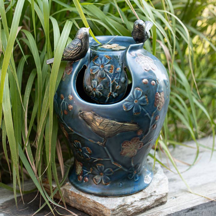 Blue Verdigris Bird Garden Water Fountain Lighted with Pump for wholesale by Foreside Home & Garden