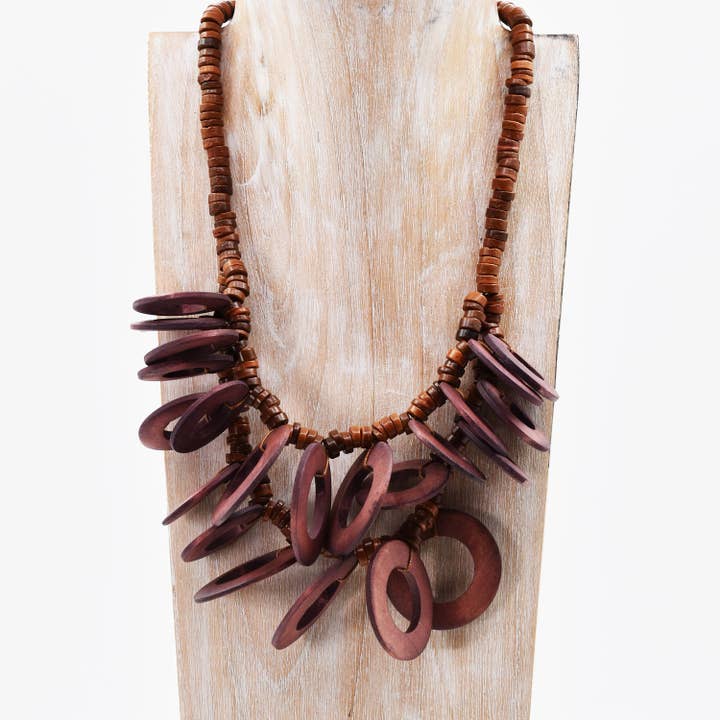 Fun brown necklace with big round wooden components for wholesale by Tempest Designs