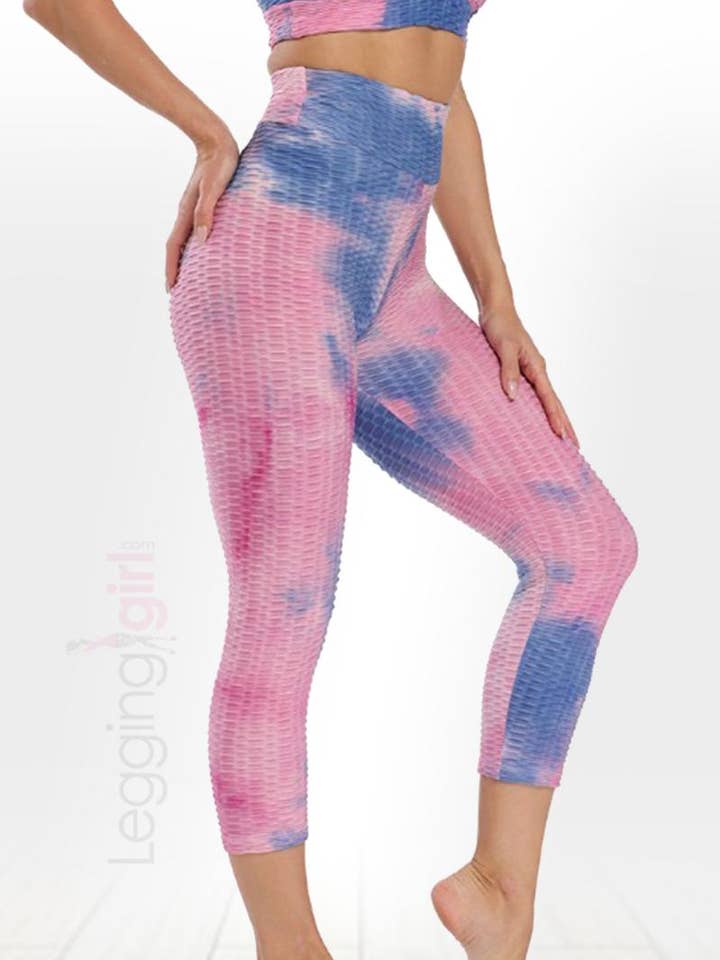 Capri Tie Dye Bleu/Rose Booty Lift - Large bande pour la vente par LeggingGirl.com