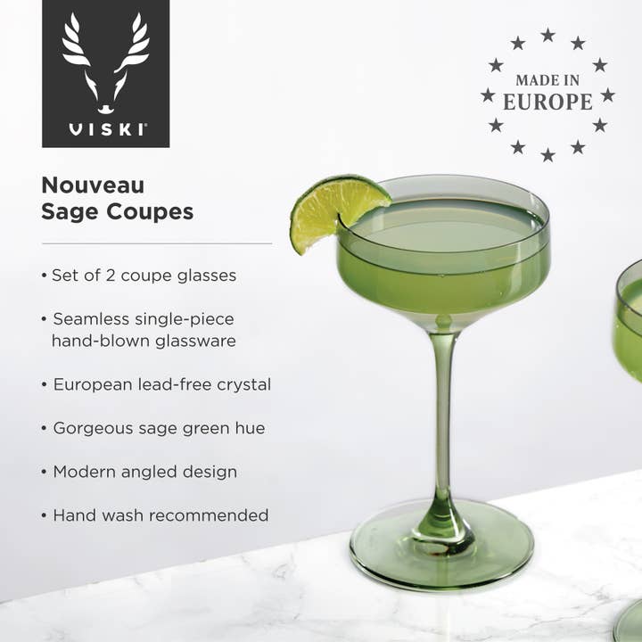 Viski - Wholesale Cocktail/Liquor Glass - Reserve Nouveau European Crystal Coupes in Sage Set of 25