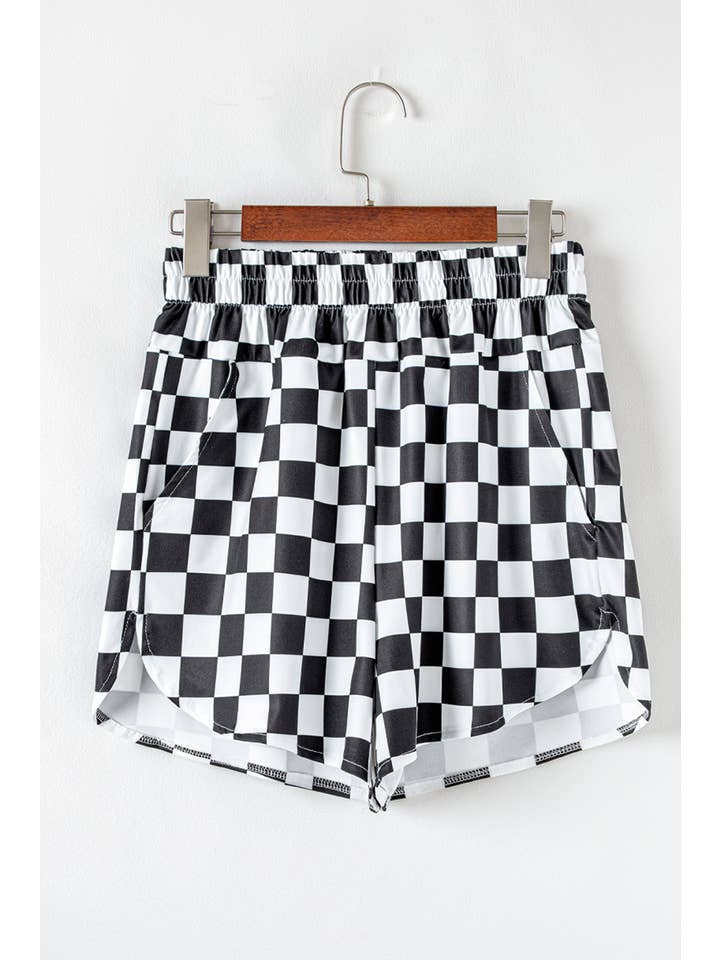 Black Checkered Print High Waist Casual Shorts for wholesale on Faire2
