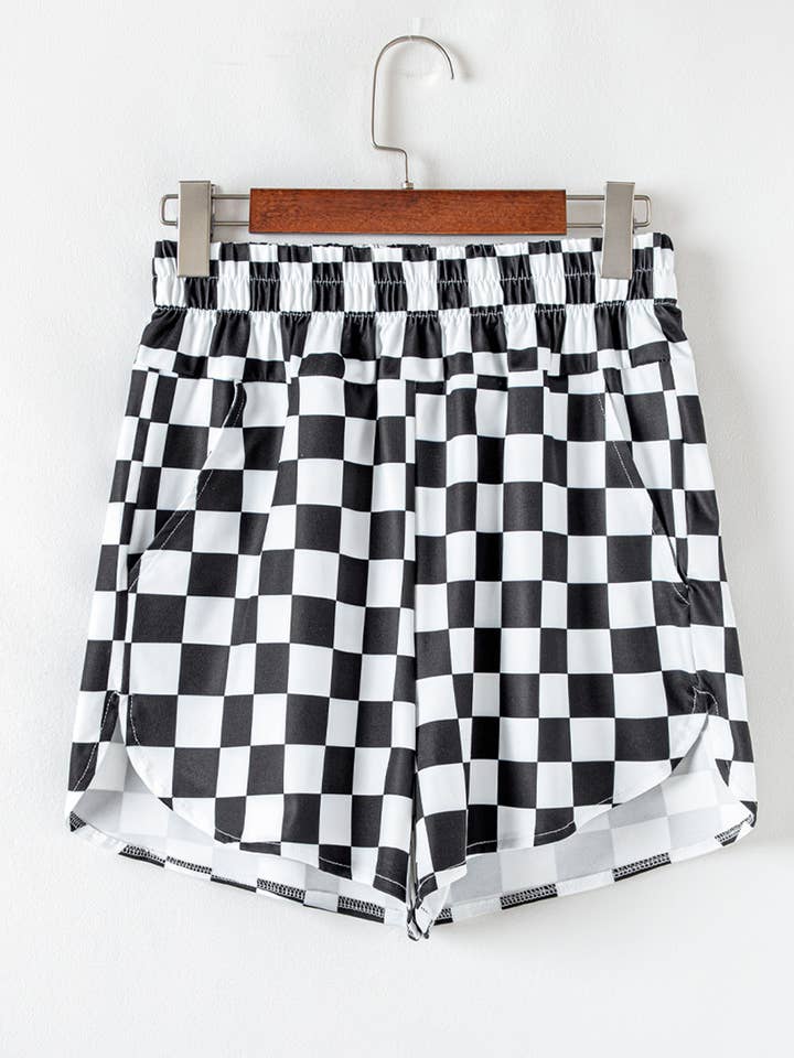 Black Checkered Print High Waist Casual Shorts for wholesale on Faire