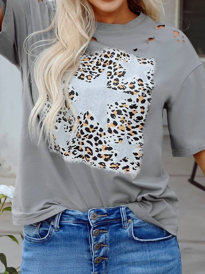 Lovesoft - Wholesale Screen printed t-shirt – Women′s - Medium Grey Stars Leopard Graphic Distressed Tee0