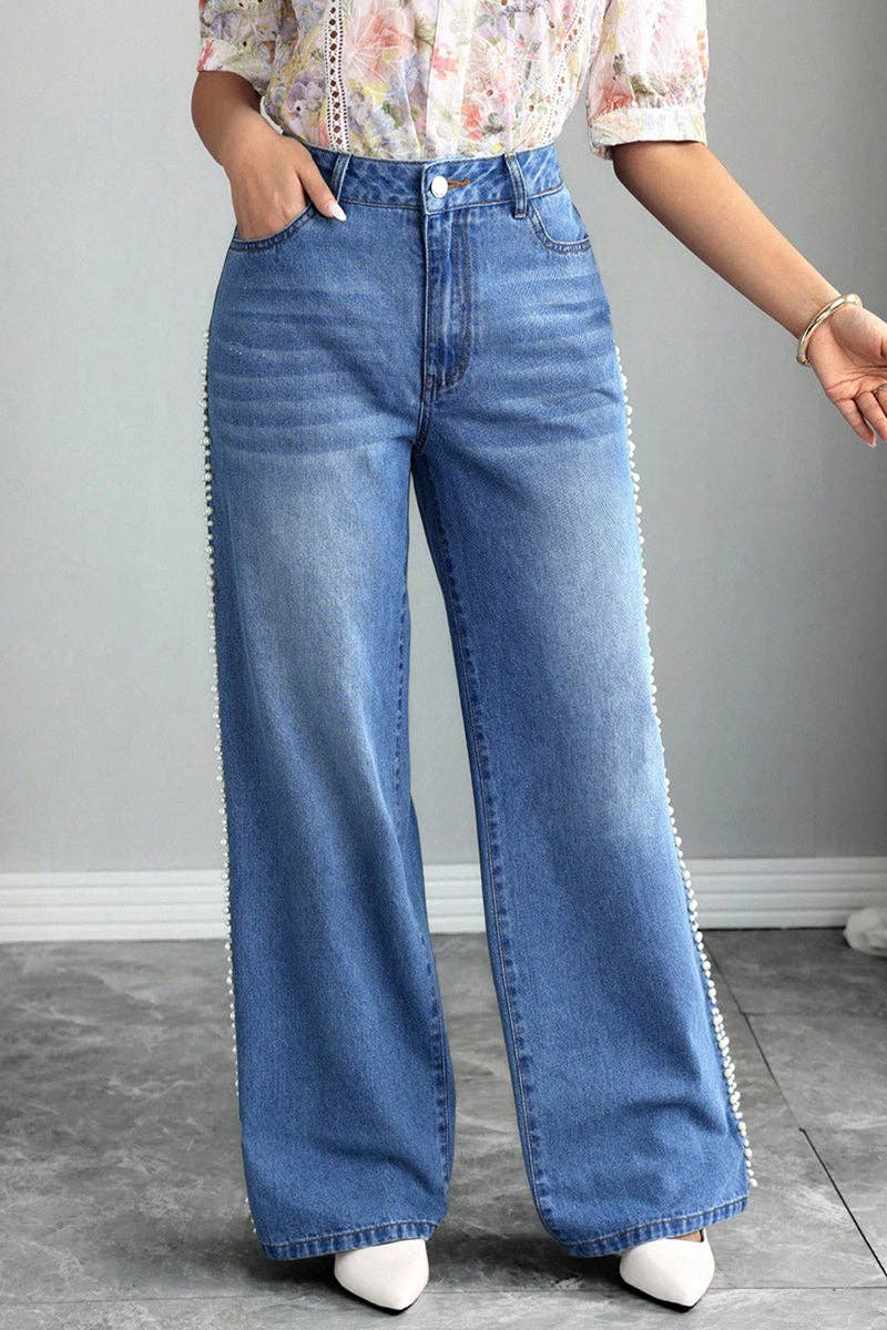 BLUE Pearl-Trim Wide Leg Jeans for wholesale on Faire1