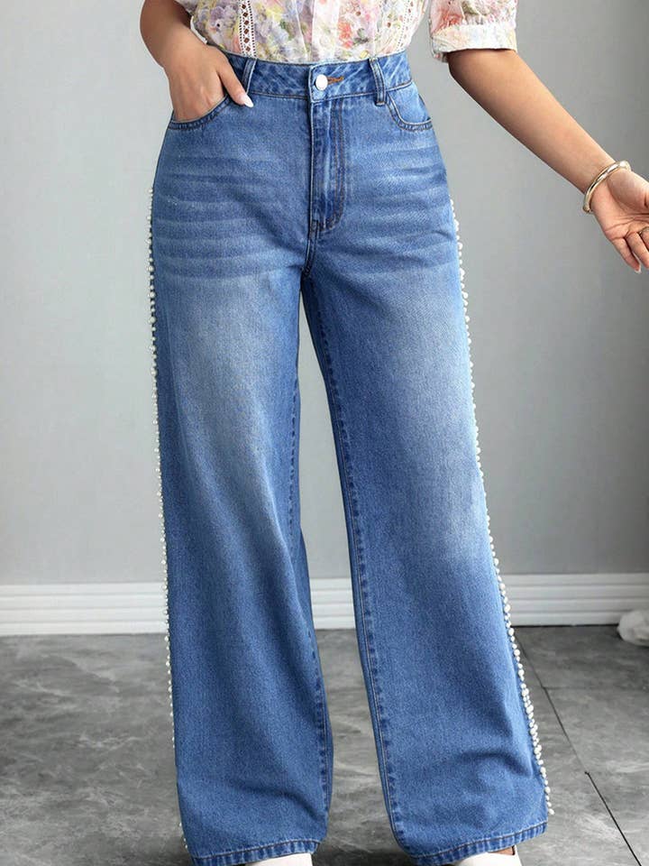 BLUE Pearl-Trim Wide Leg Jeans for wholesale on Faire1