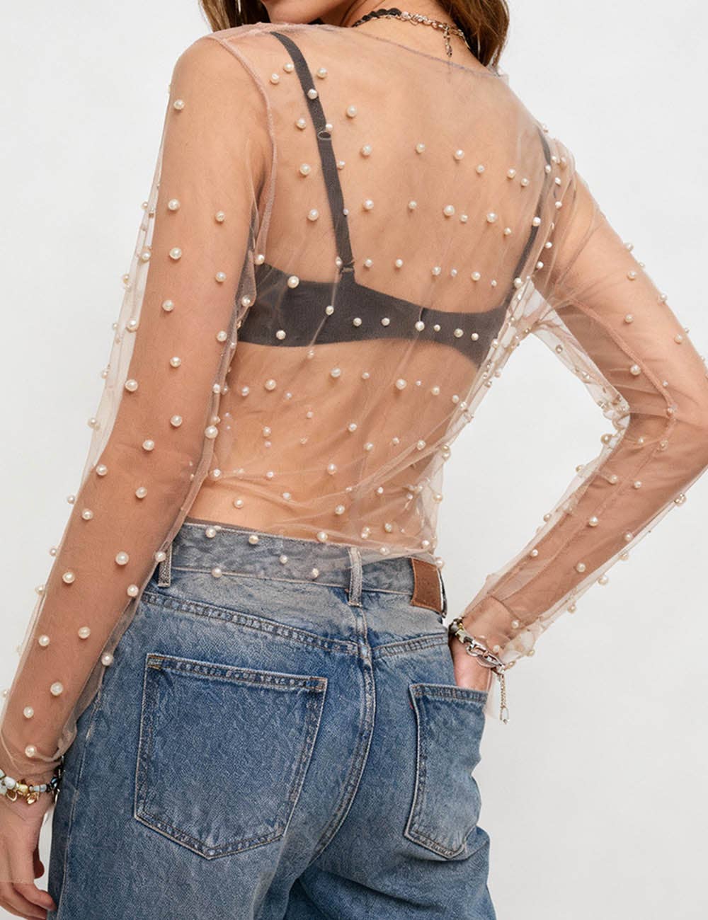 Sweetkama - Wholesale Blouse - Women's - Sparkle Pearl Studded Sheer Mesh See Through Top SKT2106911