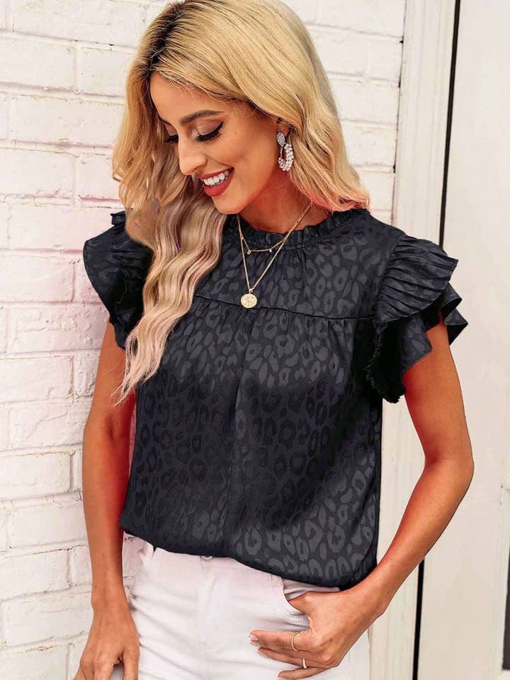 Suhkasana - Wholesale Blouse - Women's - Women's Printed Lotus Leaf Sleeve Wavy Collar Top
