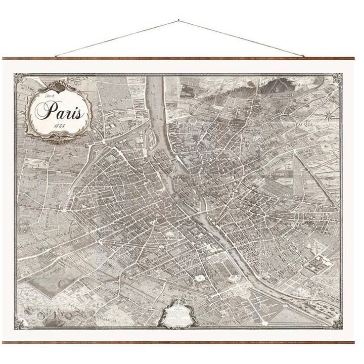 Map of Paris 1734 Black and White Paris Vintage European City Map on Ready to Hang Roll Down Canvas Decorative Antique Map Scroll of France for wholesale by Maps Vintage