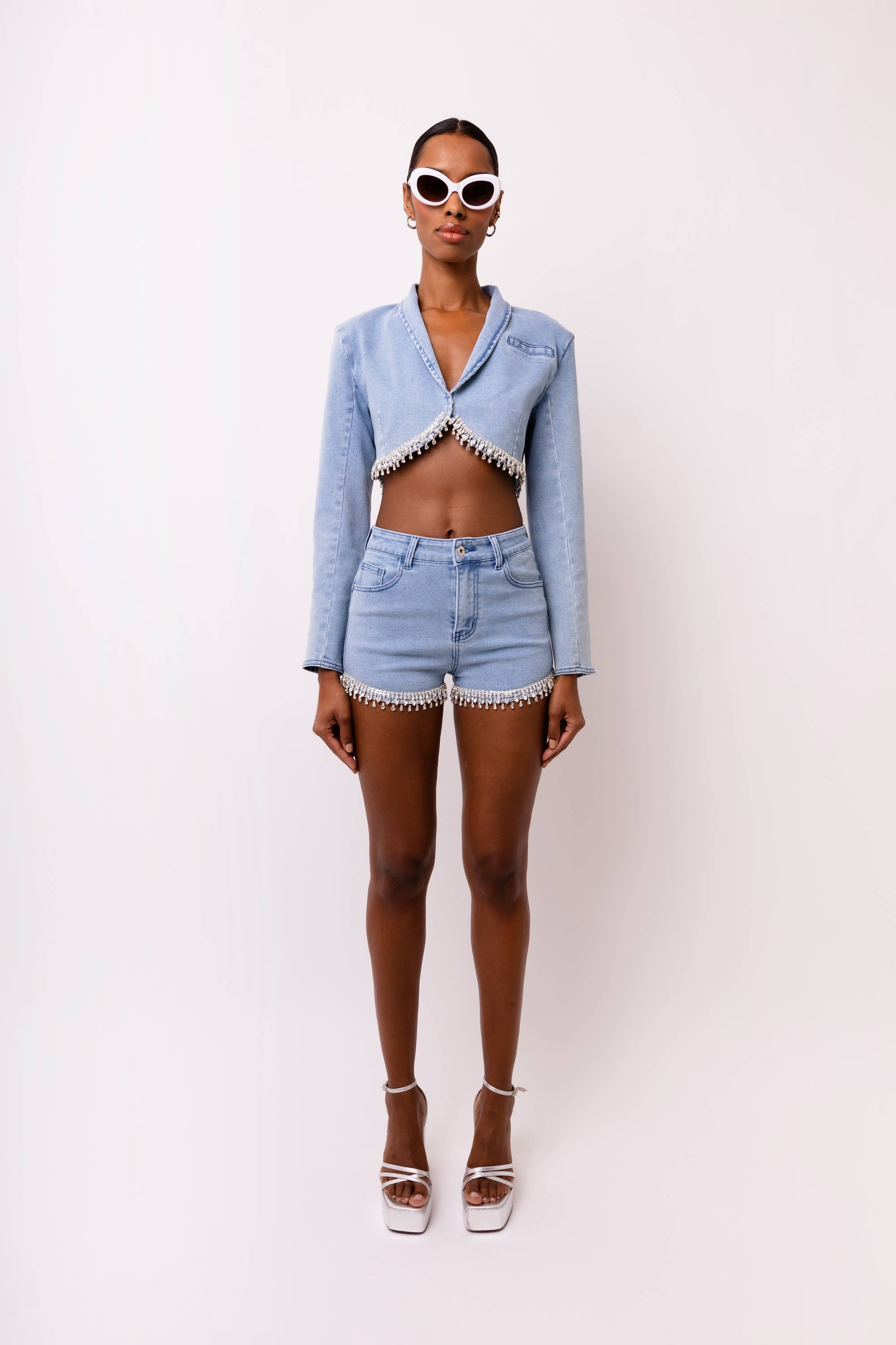 Blue Bae Stretch Diamante Detail Denim Cropped Jacket for wholesale on Faire3
