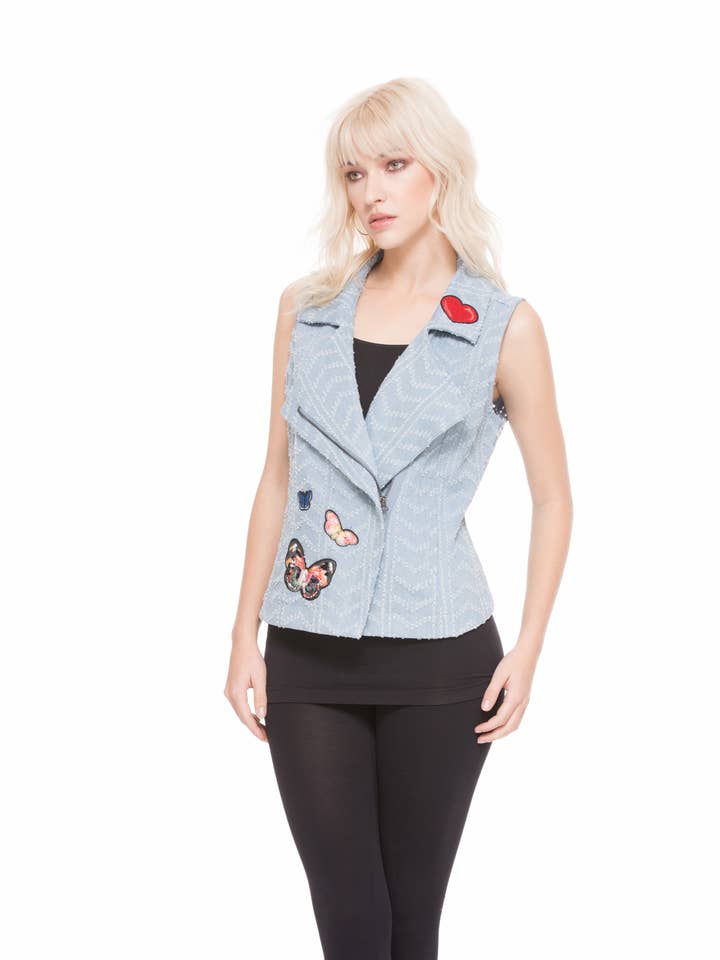 L3448-1 - Light Wash Denim Vest with Embroidered Patches for wholesale by Adore