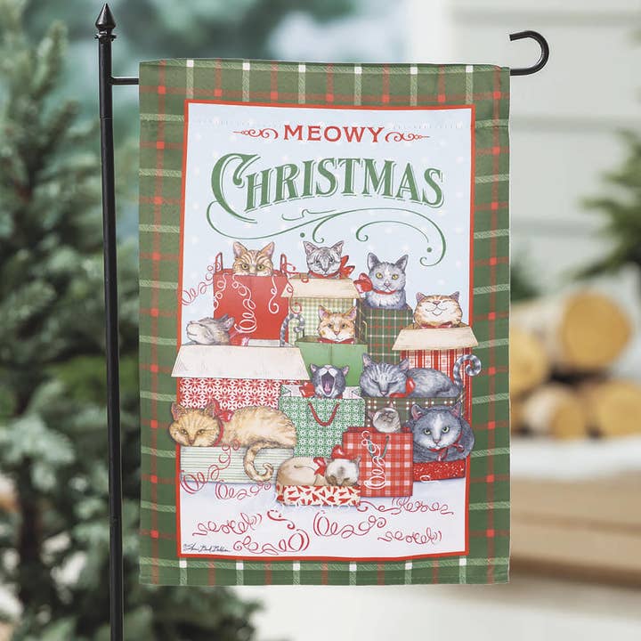 Meowy Christmas Suede Garden Flag for wholesale by Evergreen Enterprises
