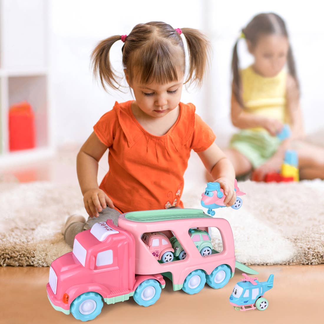 Fun Little Toys – Großhandel Spielzeugauto – Kinder – Cartoon Fahrzeuge Autotransporter LKW Rosa Spielzeug Lichter und Sound7