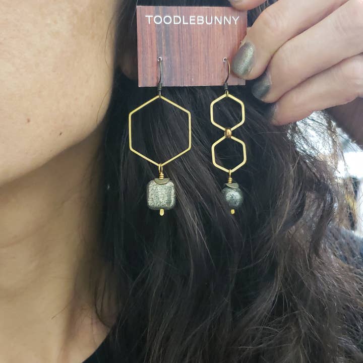 Asymmetric Hexagon Pyrite Drop Earrings for wholesale by TOODLEBUNNY