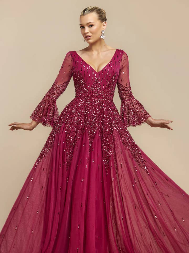 Goddiva Sunray Pärlbroderad Paljett A-linjeformad Klockärm DR4654 för wholesale av Goddiva