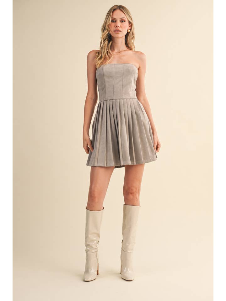 Klesis - Wholesale Dress - Women's - ID9415 SUEDE PLEATED SKIRT STRAPLES MINI DRESS1