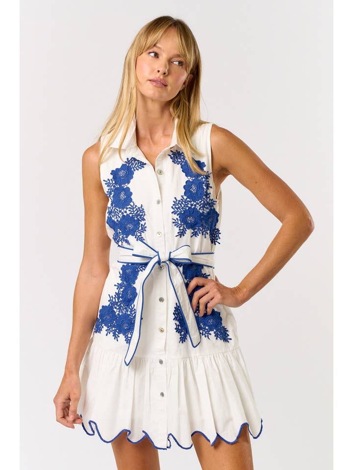 OFF WHITE BLUE ILD5195 EMBROIDERED COLLAR BUTTON DOWN MINI DRESS for wholesale on Faire