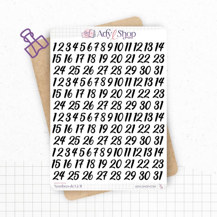 Autocolantes números 1 a 31 - 4 séries de 31 autocolantes por atacado de AdyLShop