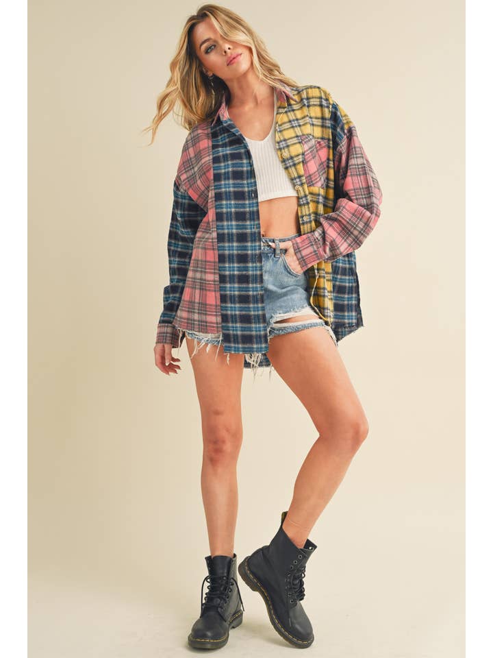 Blue Pink Yellow 8316DN  Neela Multi Color Plaid Flannel Shirt for wholesale on Faire10