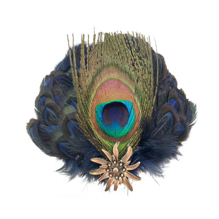 Oktoberfest German Hat Pin Deluxe Peacock & Blue Hat Feather for wholesale by European Heritage Gifts