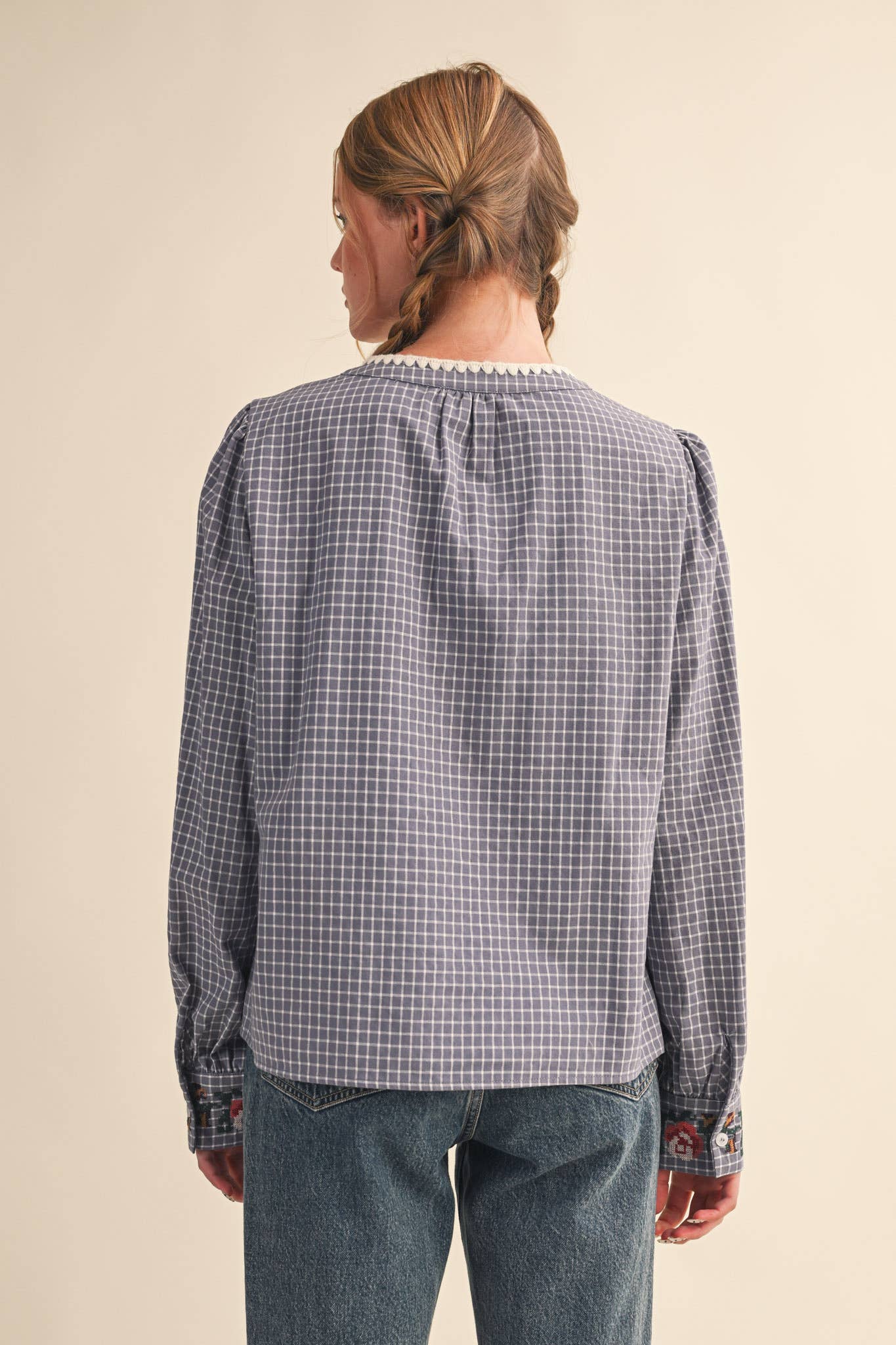 &MERCI - Wholesale Blouse - Women's - FLORAL CROSS STITCH EMBROIDERED CHECKERED TOP MTP41472