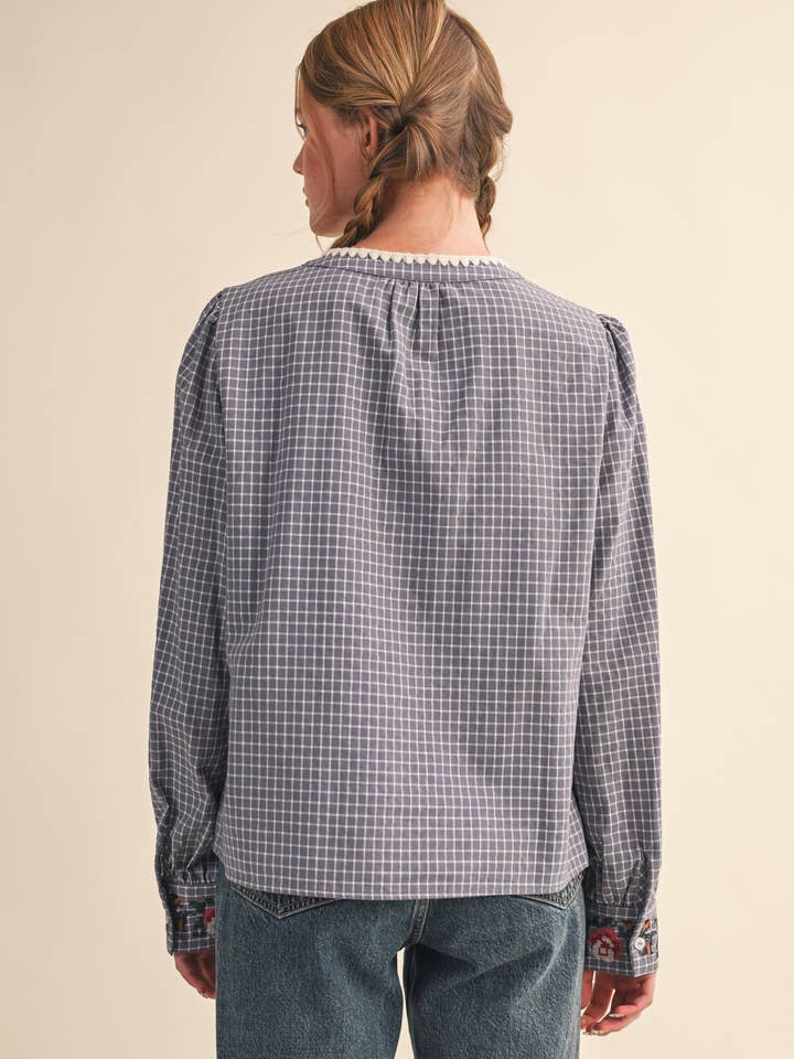 &MERCI - Wholesale Blouse - Women's - FLORAL CROSS STITCH EMBROIDERED CHECKERED TOP MTP41472