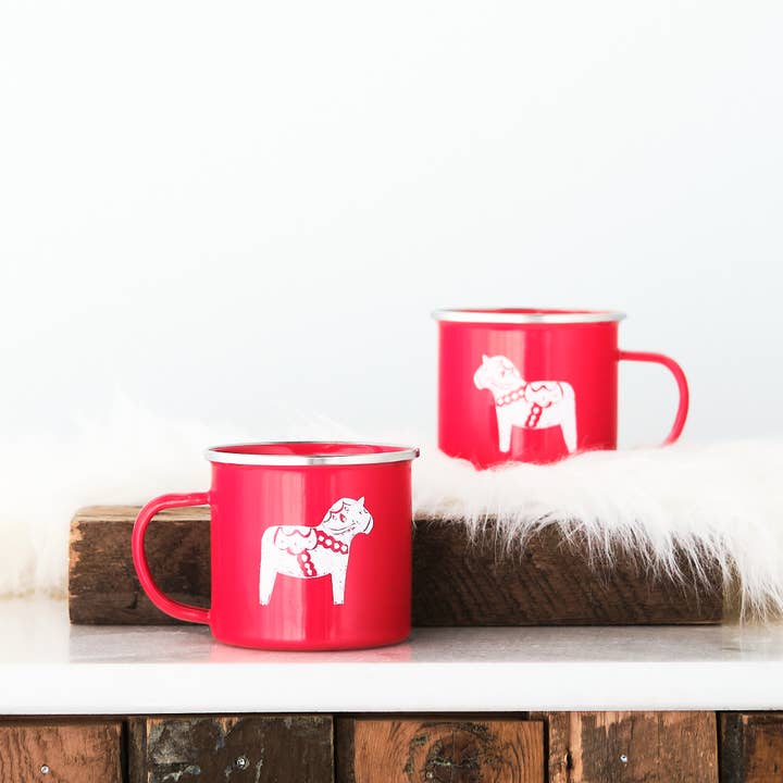 Vital Industries - Wholesale Coffee mug - Dala Horse printed enamel mug, Red1
