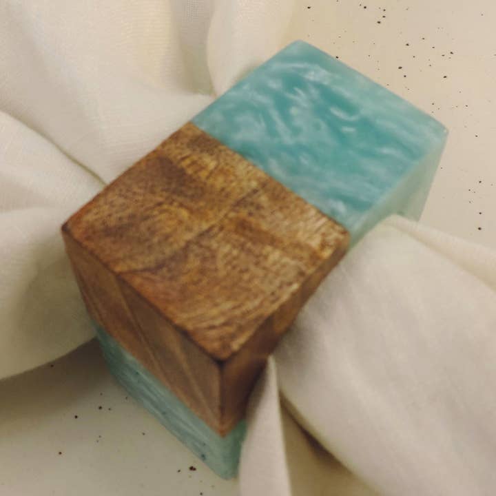 Natural Mango Wood Resin Napkin Ring in Aqua, Set of 4 for wholesale by Trunkin'