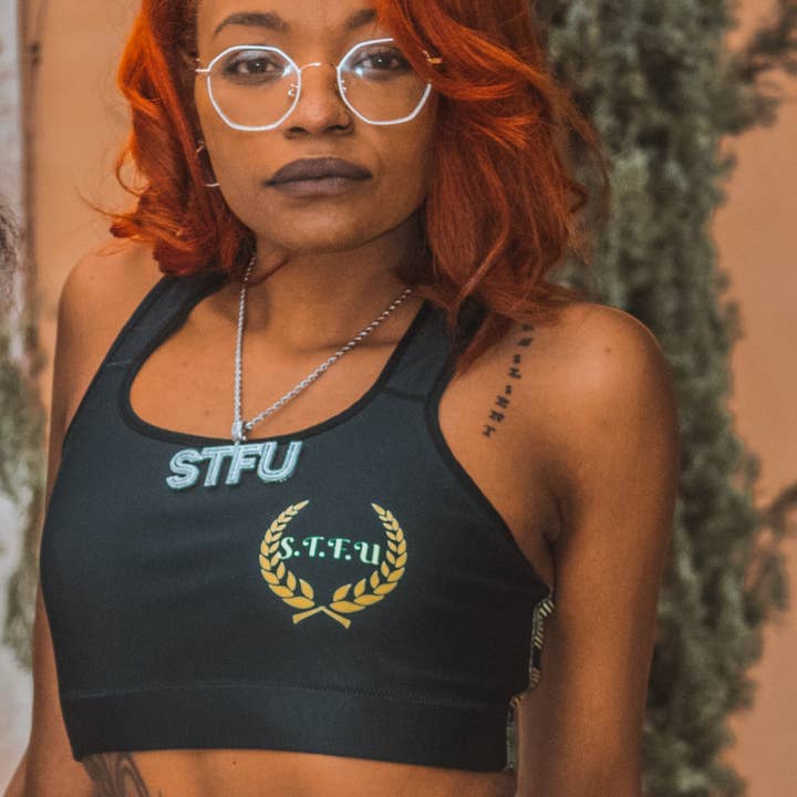 STFU Greek Racerback Sports bra - Green & Yellow on Black for wholesale by STFU