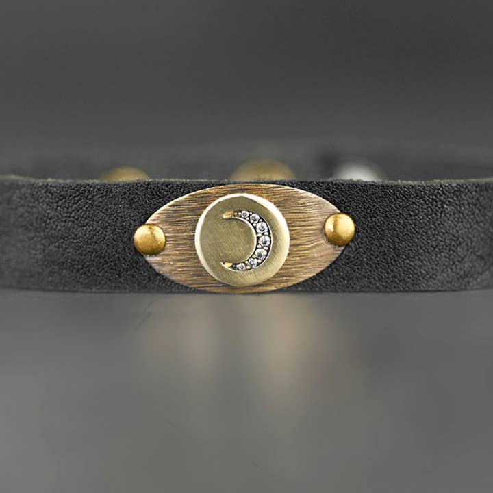 Pave Moon Cast Leather Stacker Cuff w Delicate Crystals for wholesale by KBD Studio