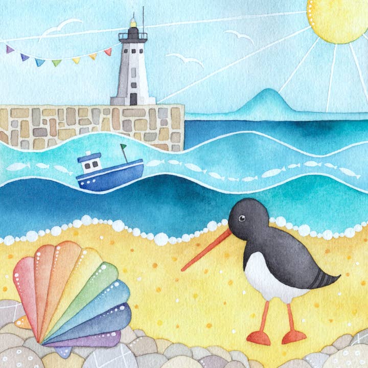 Oystercatcher Art Print - Unframed - Lighthouse and Beach for wholesale by East Neuk Beach Crafts