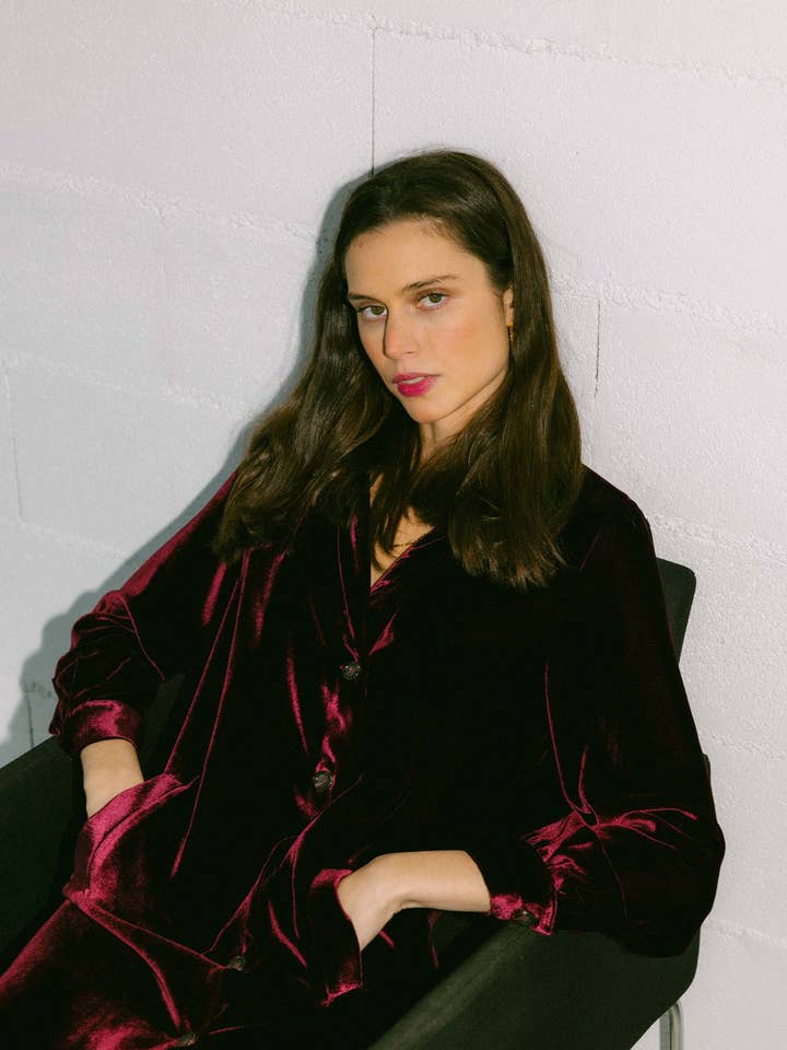 Burgundy silk velvet coat dress for wholesale by Triana by C