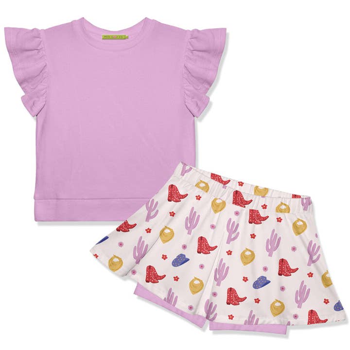Kids Lilac Fr Terry Top & Western Cactus Skort for wholesale by Millie Loves Lily