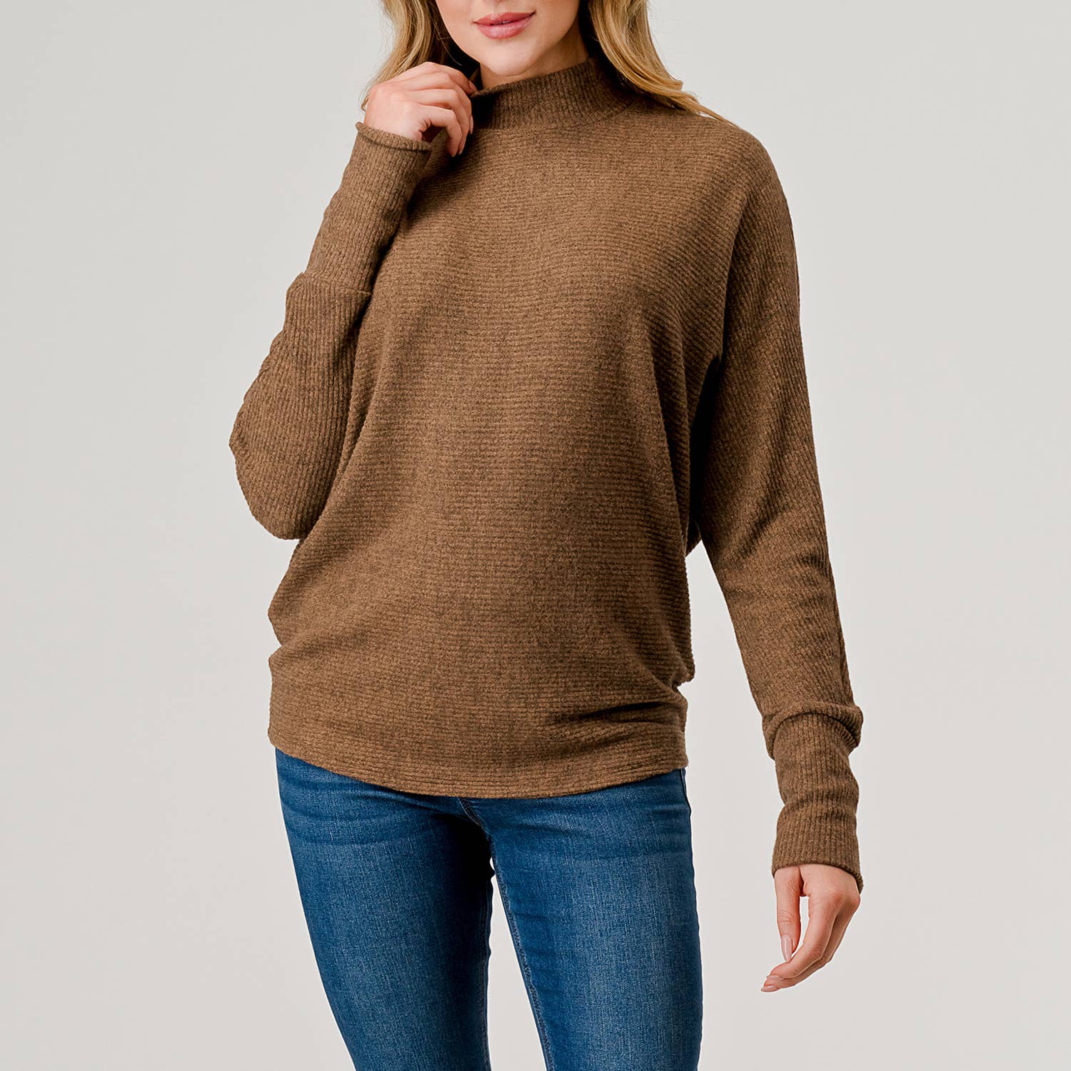 Heimious - Wholesale Knit Top - Women's - Mock Neck Long Dolman Sleeve Ribbed Knit Top, T26135