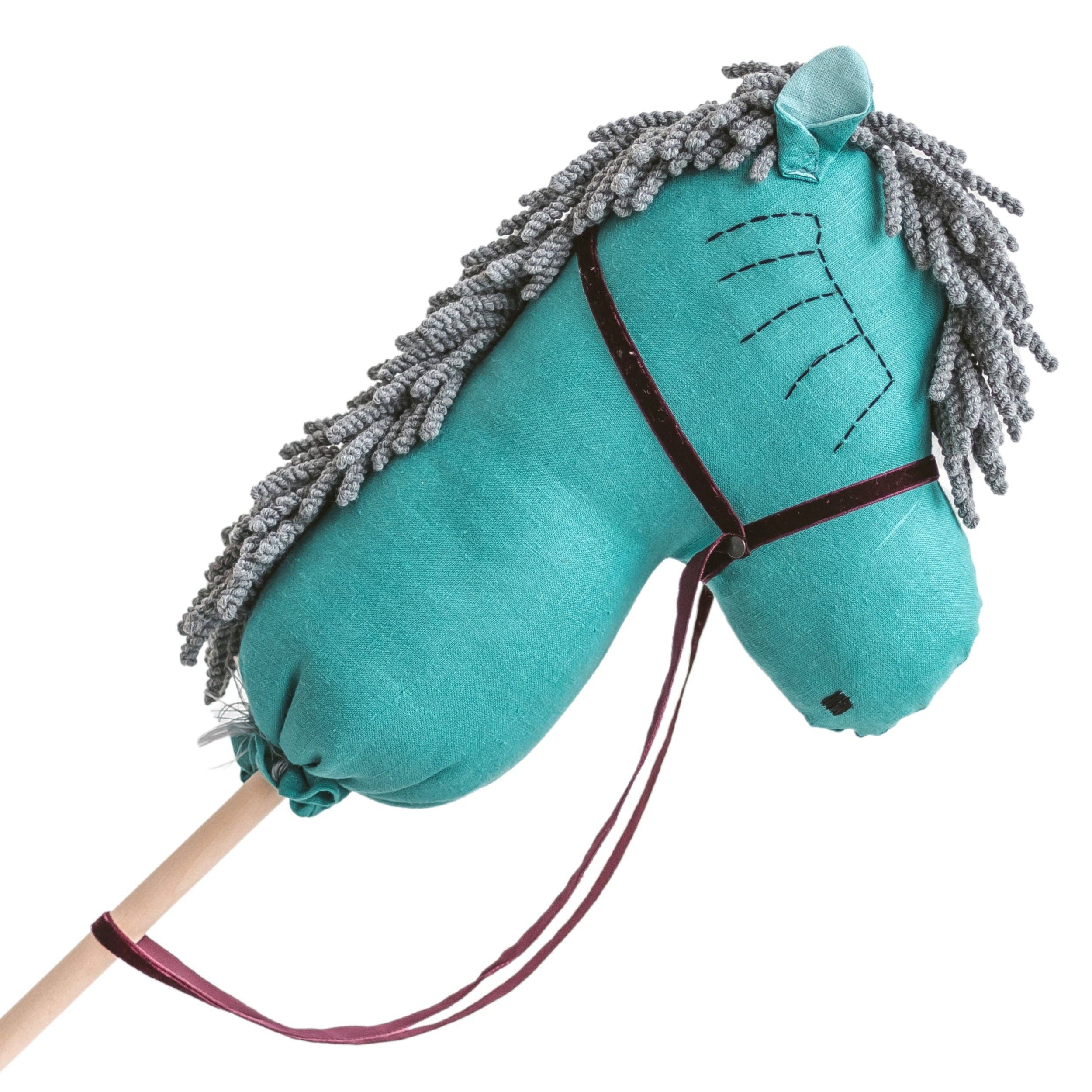 MINICAMP - Venta al por mayor Peluche - Niños y bebés - MINICAMP Juguete de Palo de Caballo de Afición Unicornio – Juguete de Montar Hecho a Mano de Lino en Color Verde Azulado con Pelo Gris0