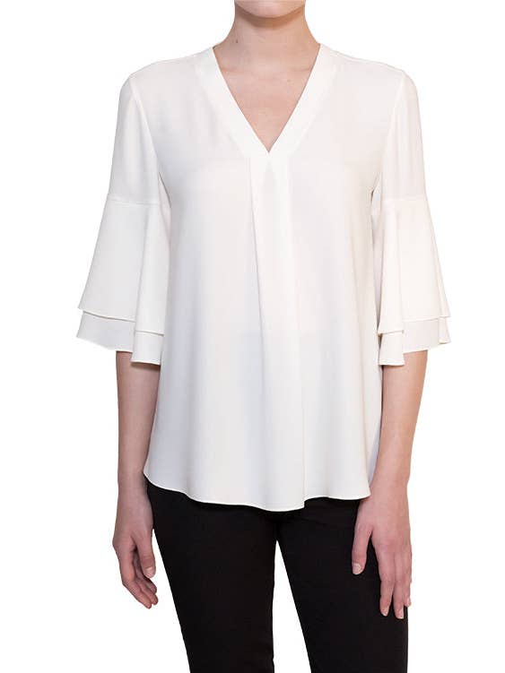 46729 Ecru: Ecru Flutter Sleeve V-Neck Basic Blouse for wholesale by Shendel