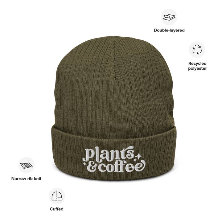 Above The Soil - Wholesale Beanie - Unisex - Plants and Coffee Olive Ribbed Knit Beanie - Coffee Shop