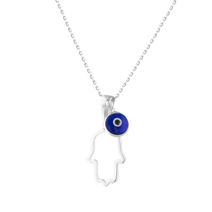 925 Sterling Silver Outline Hamsa with a small evil eye hang for wholesale by MYSTIC JEWELS