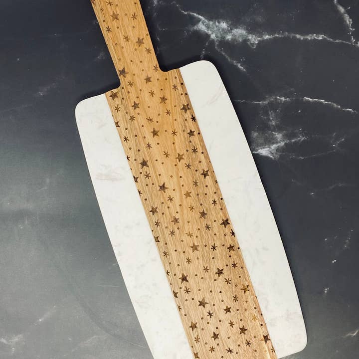 Stars White Marble and Wood Serving Tray for wholesale by Wilkerson Handmade