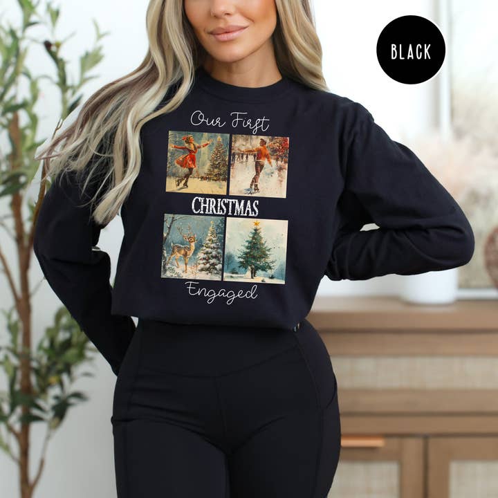 Notre premier Noël fiancés Tee unisexe à manches longues Comfort Colors® pour la vente par CindyL Boutique