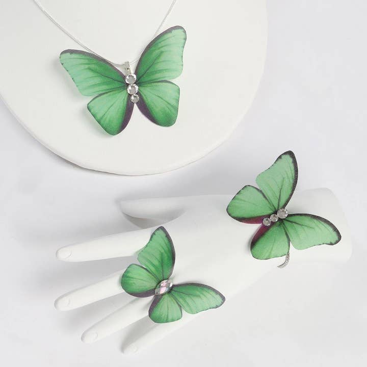 Green Silk Butterflies 3 Pcs SET Necklace, Bracelet, Ring for wholesale by Fashion Butterflies