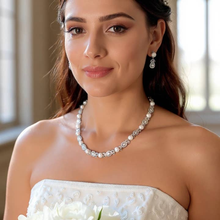 Athena Bridal Jewellery - Wholesale Jewellery set - CZ COLLECTION - LUXE PEARL NECKLACE SET - CZNK 272 SILVER4