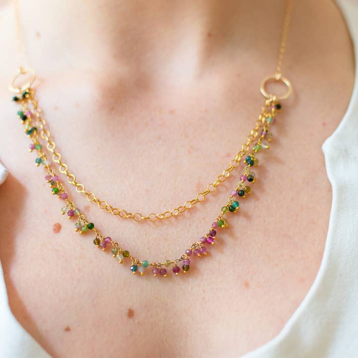 One of a Kind Tourmaline Cluster Necklace – Dual Layer Gold Filled Statement Necklace – Handmade in Raleigh for wholesale by CY Design Studio