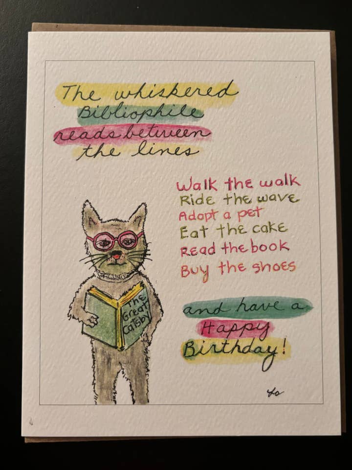 Whiskered bibliophile cat happy birthday cat card pet card for wholesale by Bernie Street Studios