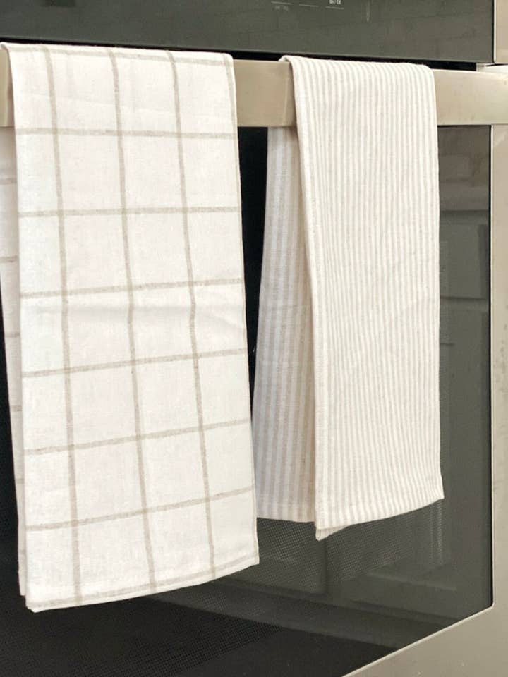 Cream Plaid Striped Linen Cotton Tea Towels for wholesale by Peace Out Plastic